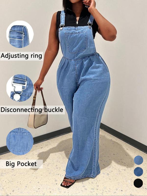 Women's Plain Pocket Adjustable Strap Overalls, Casual Wide Leg Overall Jumpsuit for Daily Wear, Ladies Bottoms for All Seasons