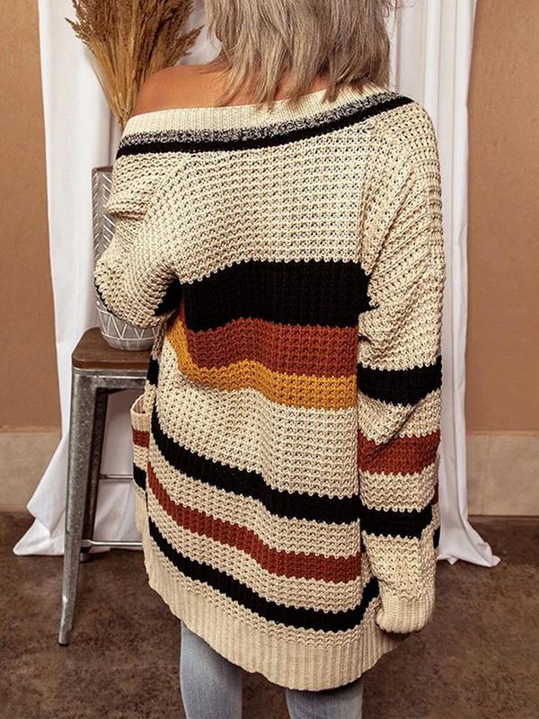 Women's Colorblock Striped Print Drop Shoulder Cardigan, Casual Long Sleeve Open Front Pocket Cardigan Sweater for Fall & Winter, Fashion Ladies' Knit Clothing for Daily Wear