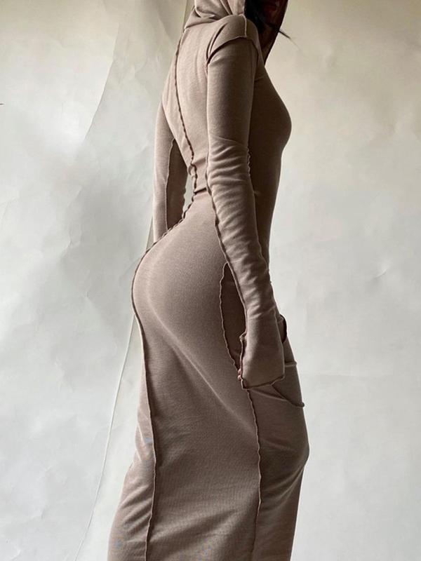 Minimalist Plain Drop Shoulder Longsleeves Hooded Bodycon Dress, Womenswear, Long Sleeve Solid Long Dresses, Womenswear, Lady Please Purchase A Size Up