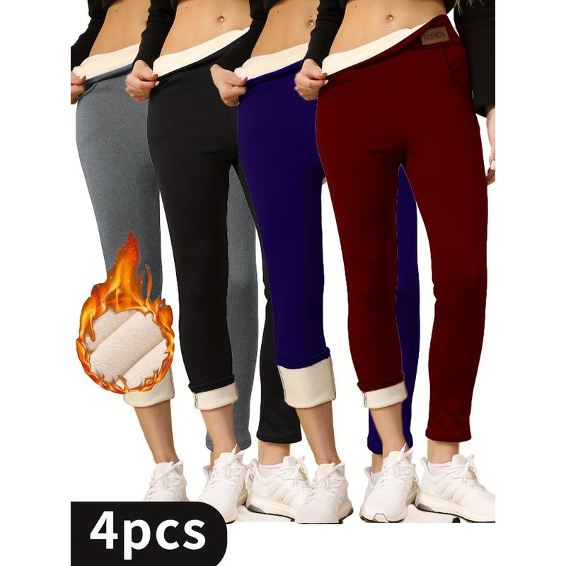 4Pcs High-waisted Slim Winter Plus Fleece Leggings With Oversized Pockets On Both Sides - For Women -  Suitable for Casual Sports & Everyday Wear - Perfect for Cold Weather - Ideal Gift for Fitness Enthusiasts Womenswear Bottoms Comfort Basic Minimalist