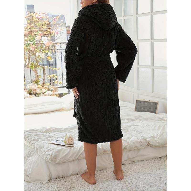 Cozy Fleece-Lined Hooded Bathrobe for Women - Long Sleeve, Dual-Sided Pockets, Tie-Waist Lounge Robe with Plush Comfort - Perfect for Fall Winter