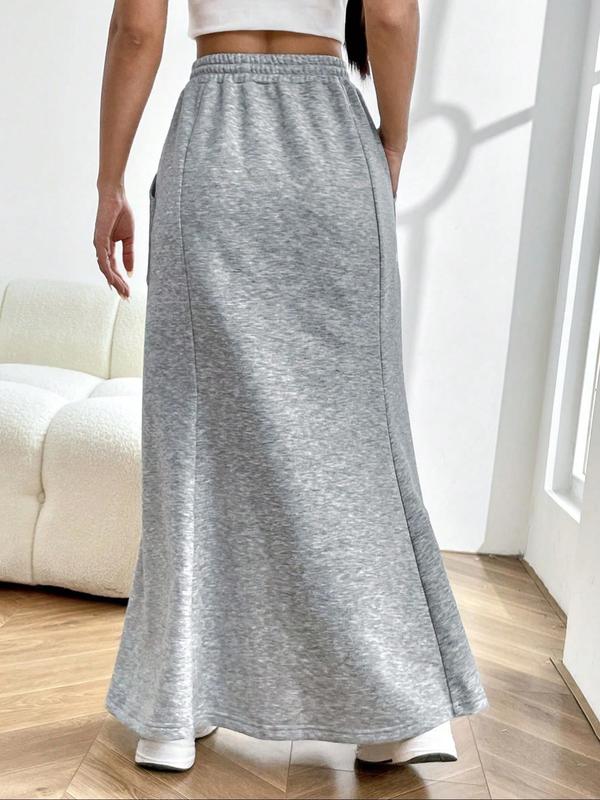 Women's Plain Drawstring Waist Mermaid Skirt, Casual Pocket Long Skirt for Fall & Winter, Women's Bottoms for Daily Wear