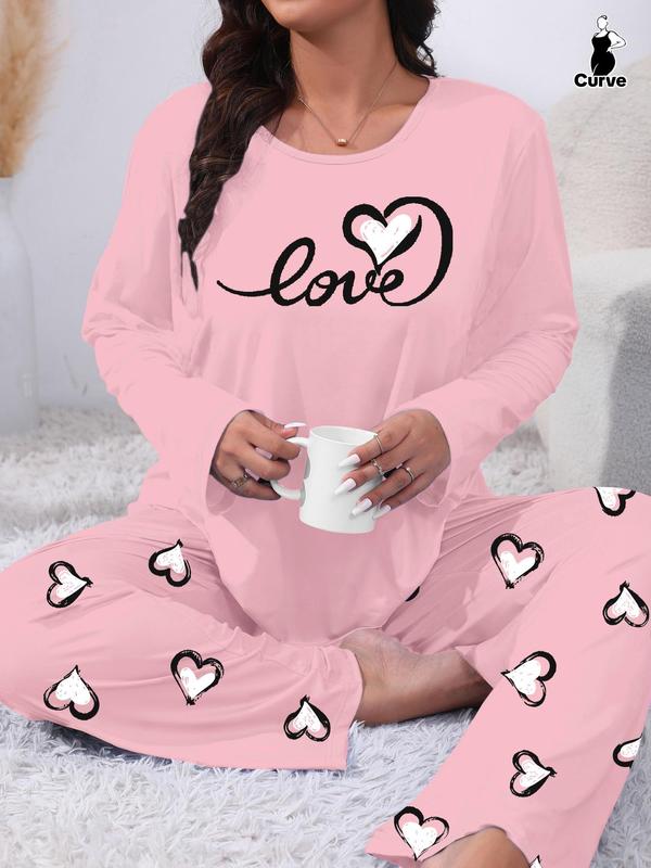  Heart Print Long Sleeve Tee & Elastic Waist Pants Pajama Set, Casual Comfy Round Neck Top & Trousers PJ Set, Women's Sleepwear for Fall & Winter