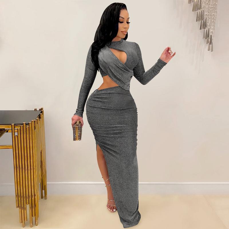 Echoine Sexy Glitter Ruched Cutout Bodycon Midi Dress Long Sleeve Plain Slim Solid Color Basic Fitted Elegant Party Dresses Formal Guest Gown Wedding