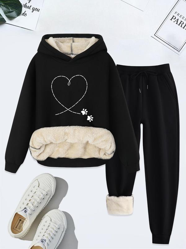 Women's Heart Print Hoodie & Drawstring Waist Pants Thermal Lined Two-piece Set, Casual Long Sleeve Hooded Sweatshirt & Pocket Trousers, Women's Fall & Winter Clothes