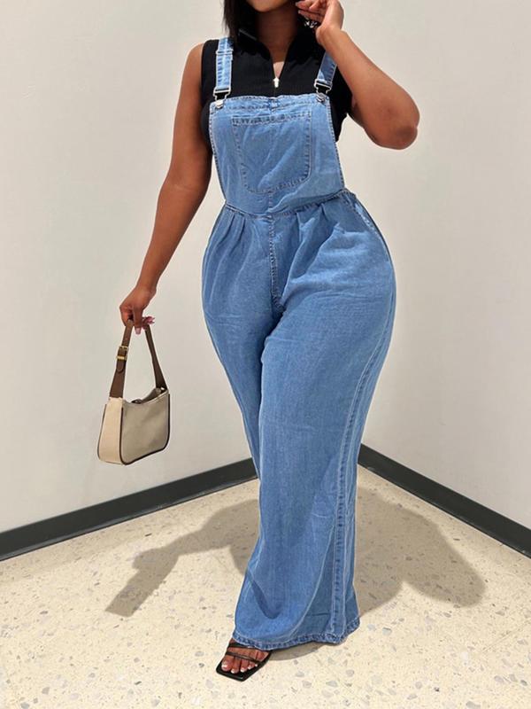 Women's Plain Pocket Adjustable Strap Overalls, Casual Wide Leg Overall Jumpsuit for Daily Wear, Ladies Bottoms for All Seasons