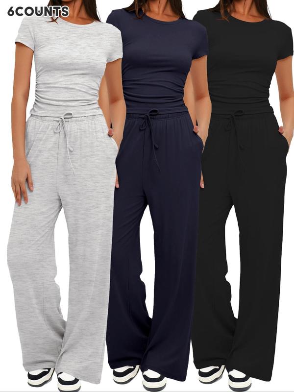 Women's Solid Color Tee & Wide Leg Pants Loungewear Two-Piece Set, Casual Comfy Round Neck Short Sleeve T-Shirt & Trousers PJ Set, Ladies Sleepwear for All Seasons