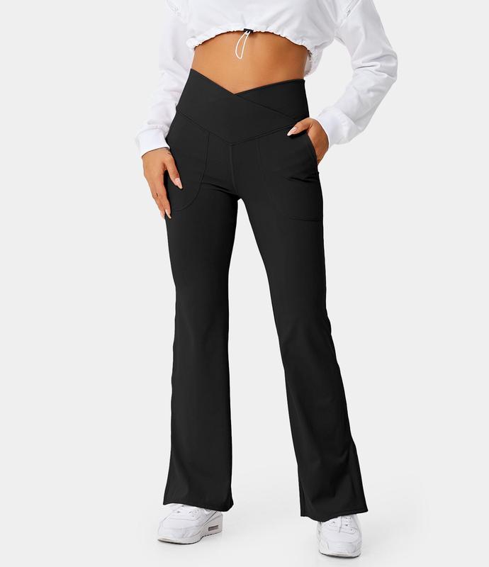 Halara Crossover Pocket Split Hem Full Length Flare Leggings-Smile