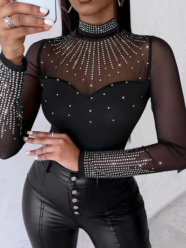 Women's Rhinestone Decor Contrast Mesh Mock Neck Bodysuit, Sexy Long Sleeve Bodysuit for Party Club Dating, Ladies Clothes for All Seasons