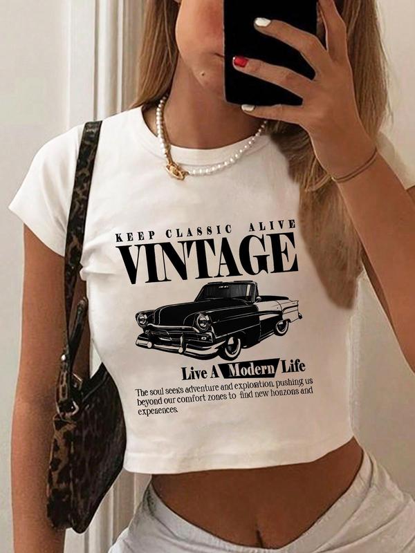 Women's Cartoon Letter Print Round Neck Short Sleeve Crop Tee, Fashion Casual Crew Neck T-shirt for Daily Holiday Vacation Outdoor Wear, Graphic Tees, Ladies Clothes for Fall