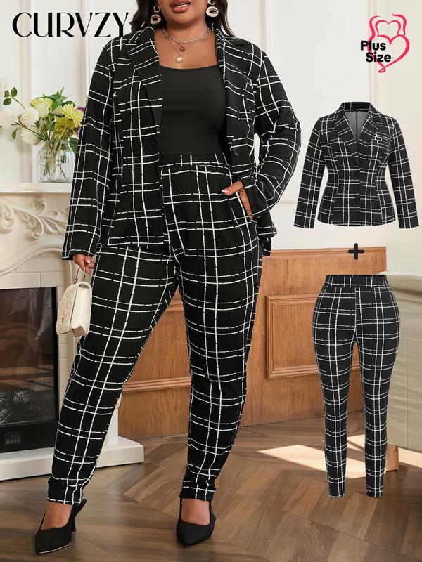 CURVZY Christmas Deals, Plus Size Fall Aesthetic Two-Piece Set All Over Geometric Print Button Front Blazer & Pants Set, Casual Lapel Long Sleeve Outerwear & High Waist Trousers, Christmas 2024 Trend, Fall & Winter Outfits