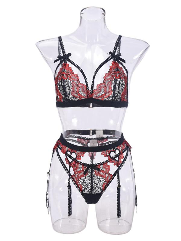 Women's Floral Embroidery Sheer Tulle Sexy Lingerie Three-piece Set, Adjustable Strap Bow Front Bra & Thong & Garter Belt Set, Lingerie Set for Women