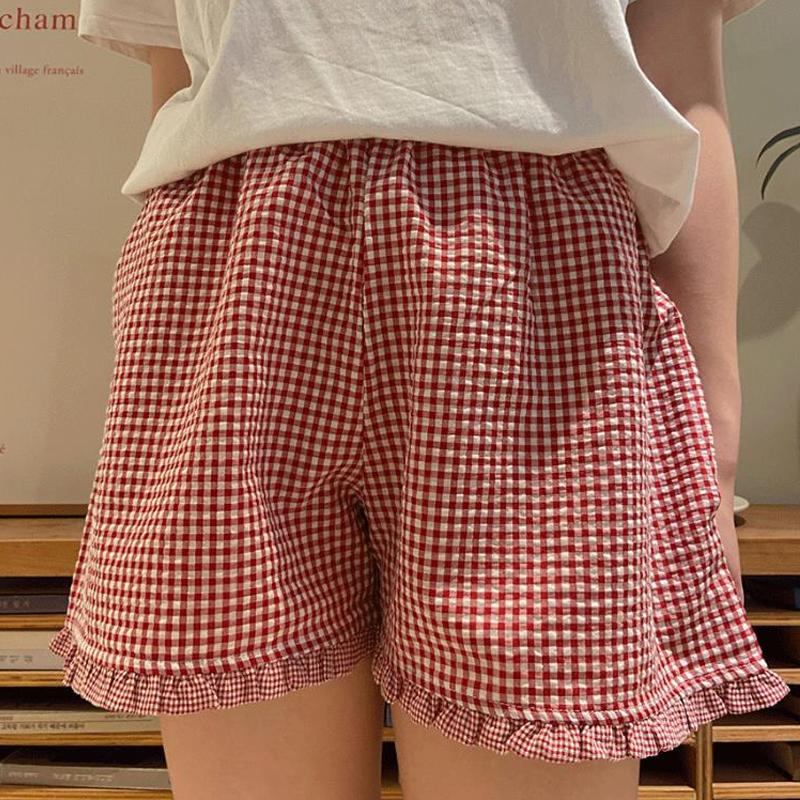 Plaid Shorts for Women Y2K Ruffle Hem High Waist Elastic Pajama Shorts Lounge Gingham Boxer Pj Bottom Going Out Shorts