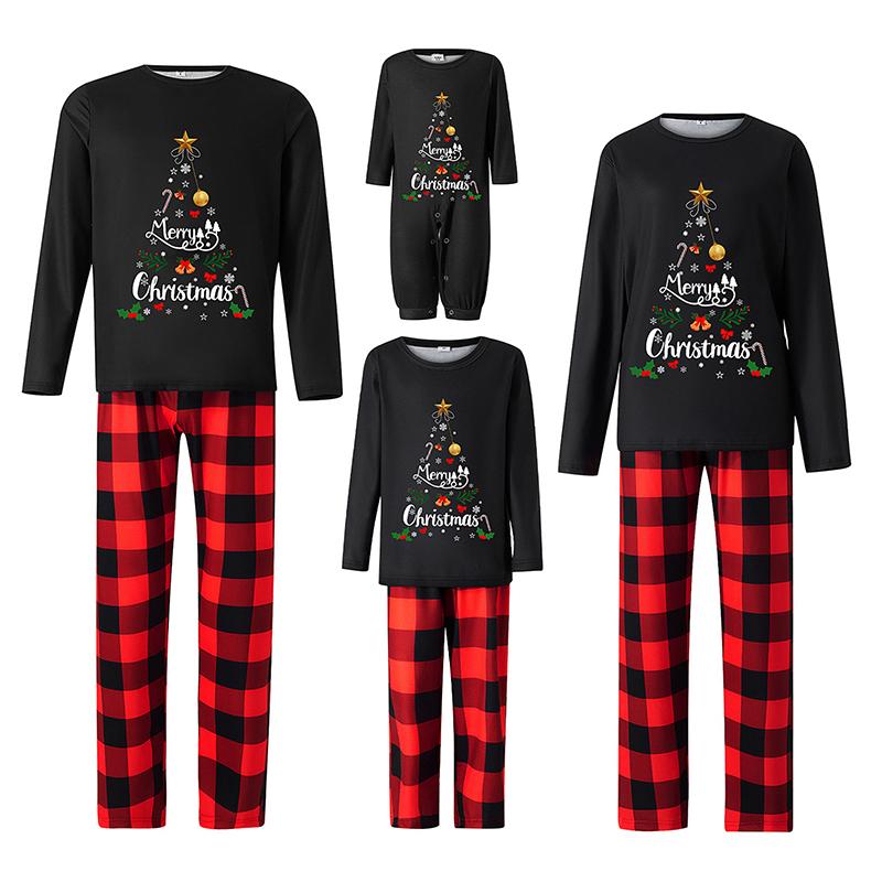 Black Matching Christmas Pajamas For Family, String Lights Christmas Tree Print Long-Sleeved Tops + Elastic Waist Plaid Trousers Romper