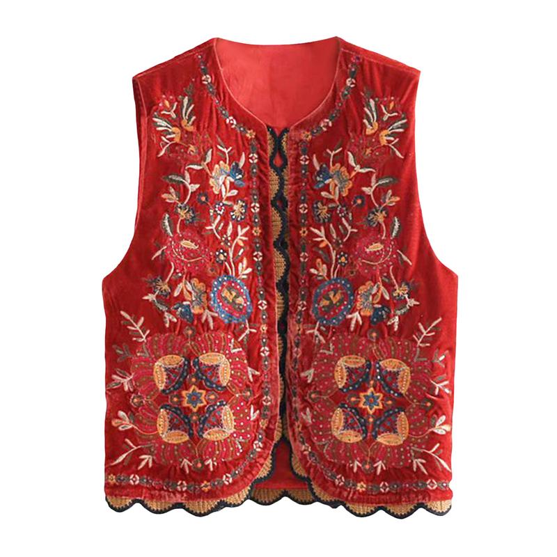 Women Vest Vintage Floral Embroidered Crop Vest Casual National Open Front Sleeveless Cardigan Outerwear Gilet Streetwear