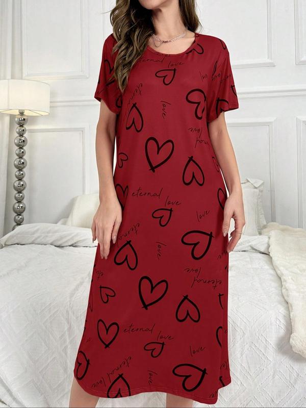 Women's Heart & Letter Print Round Neck Nightdress, Casual Soft Comfortable Short Sleeve Nightgown for Daily Home Wear, Ladies Sleepwear for All Seasons