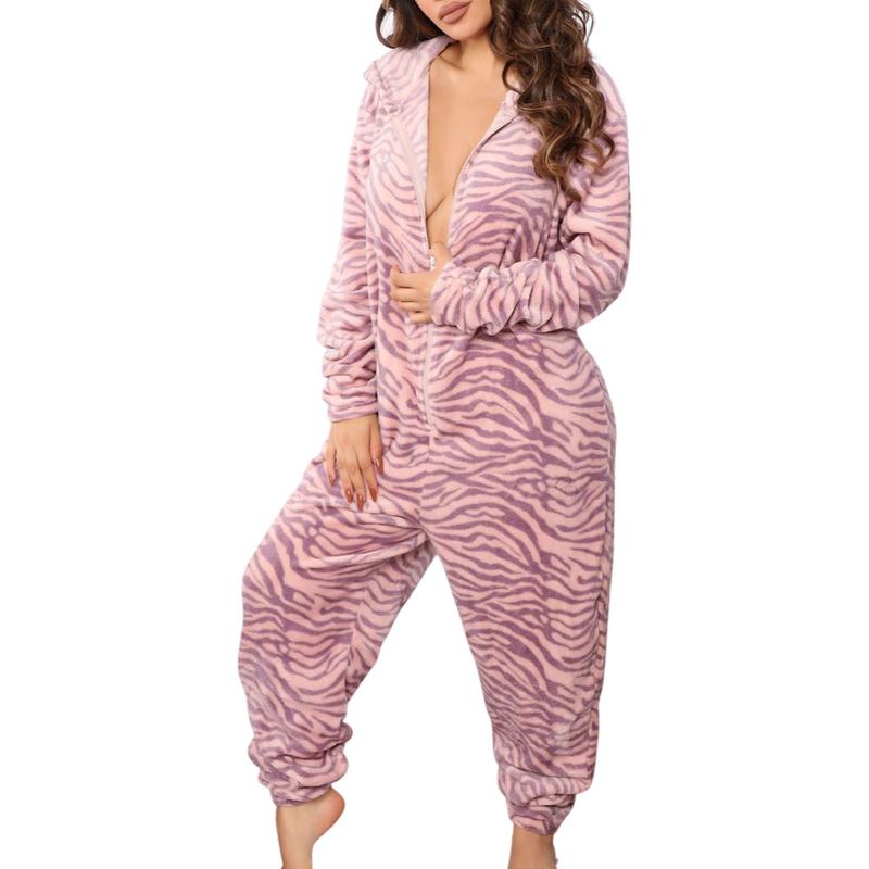 Christmas Hooded Jumpsuit for Women Zipper Fleece  Pjs Family Holiday Adult Cozy Pajamas Sleepwear