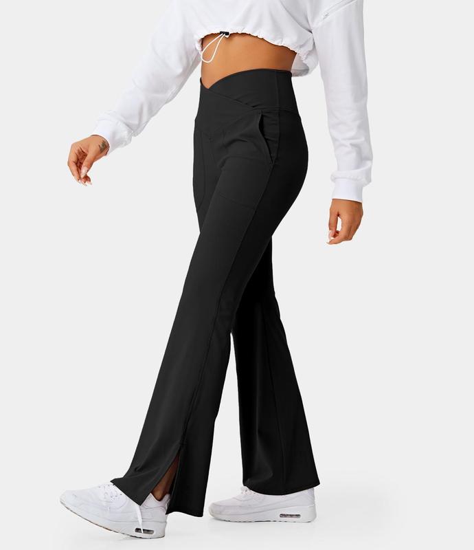 Halara Crossover Pocket Split Hem Full Length Flare Leggings-Smile