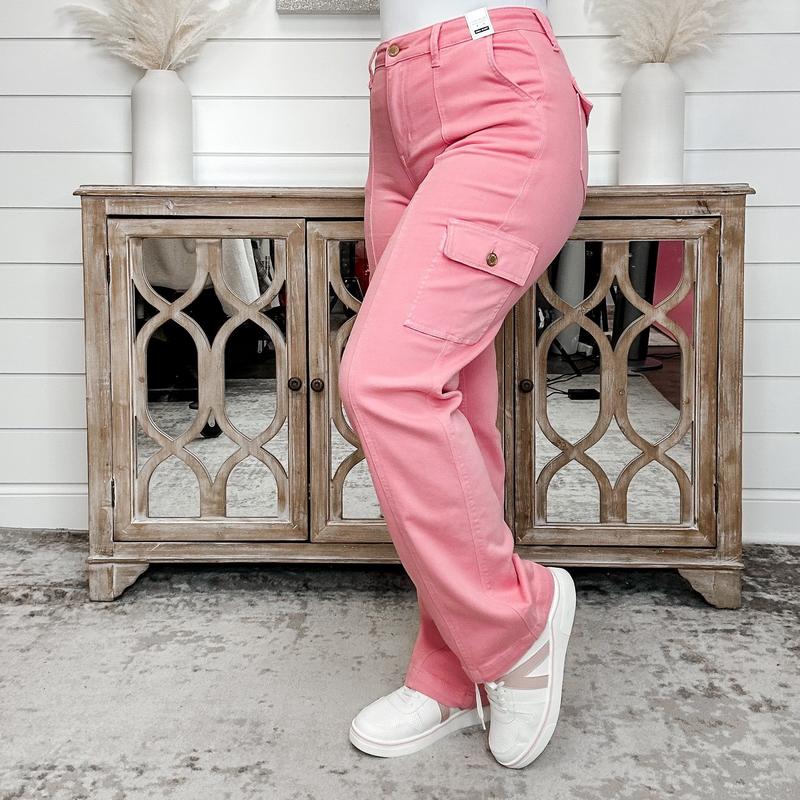 Judy Blue Tessa High Rise Cargo Straight Leg Pink Jeans