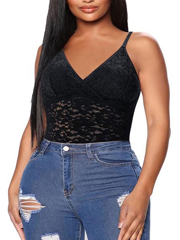 Plus Size Floral Lace Adjustable Strap Shapewear Cami Bodysuit, Breathable Comfortable Hook & Eye Closure Crotch High Stretch Shaper, Women's Shapewear for All Seasons