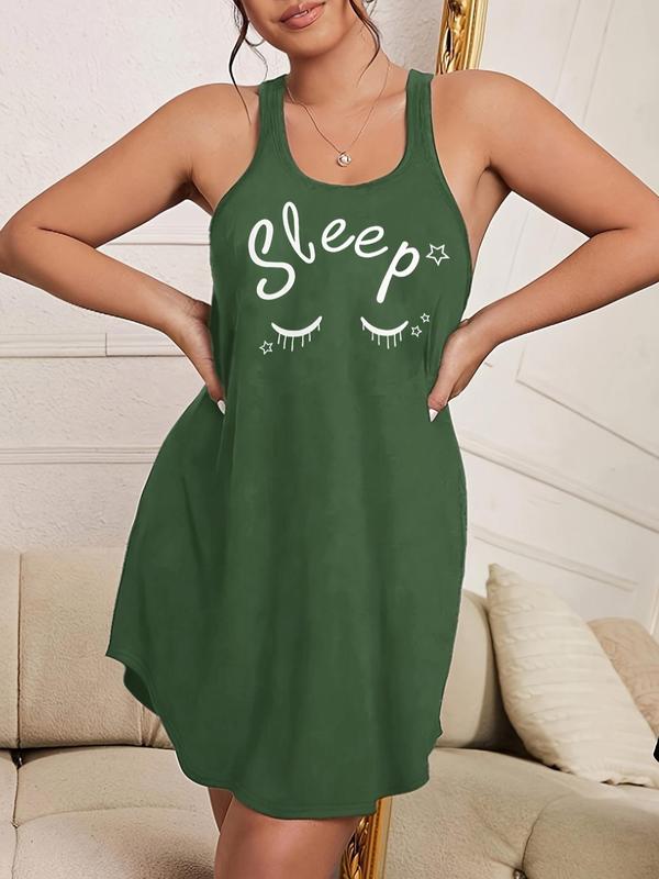  Letter & Cartoon Face Print Tank Nightdress, Casual Soft Comfortable Racer Back Sleeveless Nightgown for Women, Women's Sleepwear for All Seasons