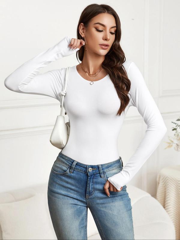 Women's Plain Round Neck Long Sleeve Bodysuit, Casual Seamless One-piece Outfit for Spring & Fall, Women's Clothes for Daily Wear