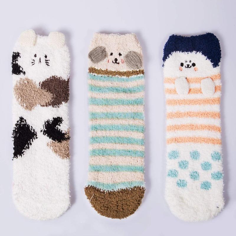 3 Pairs Womens Fuzzy Socks Winter Warm Fluffy Soft Slipper Home Sleeping Cute Animal Socks