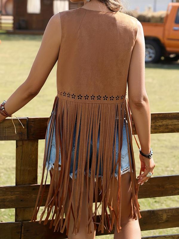 Women's Solid Fringe Trim Hollow Out Waistcoat, Boho Sleeveless Open Front Outerwear for Summer, Ladies Clothes for Daily Wear