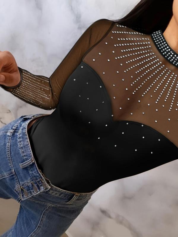 Women's Rhinestone Decor Contrast Mesh Mock Neck Bodysuit, Sexy Long Sleeve Bodysuit for Party Club Dating, Ladies Clothes for All Seasons