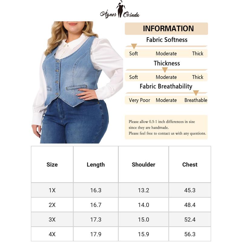 Agnes Orinda Plus Size Denim Vests Tops Button Down Jean Waistcoat Casual Sleeveless Jacket Light Blue