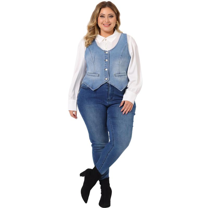 Agnes Orinda Plus Size Denim Vests Tops Button Down Jean Waistcoat Casual Sleeveless Jacket Light Blue