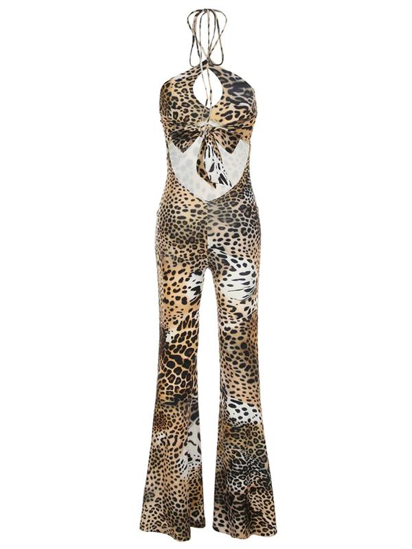 Women's Leopard Print Cut Out Tie Back Halter Jumpsuit, Y2k Fashion Casual Sleeveless Backless Flared Leg Bottom Jumpsuit for Daily Outdoor Wear, Ladies Clothes for All Seasons