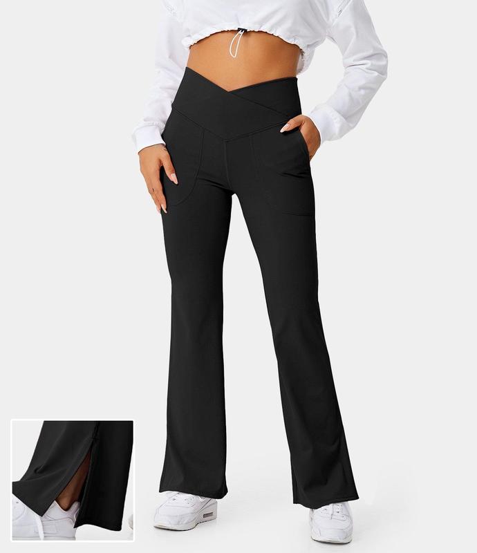 Halara Crossover Pocket Split Hem Full Length Flare Leggings-Smile