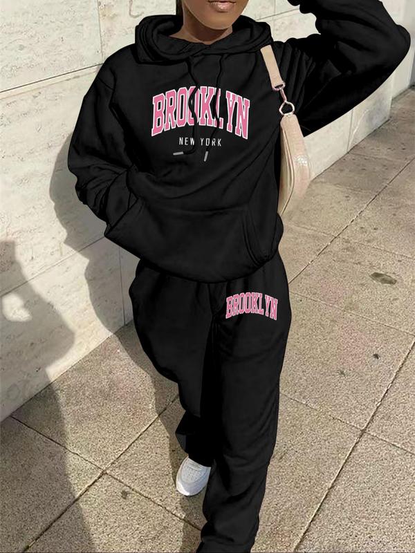 Two-piece Set Women's Letter Print Pocket Thermal Lined Hoodie & Drawstring Waist Sweatpants, Casual Fashion Cozy Breathable Two Piece Outfits for Daily Outdoor Wear, Women Clothes for Fall & Winter