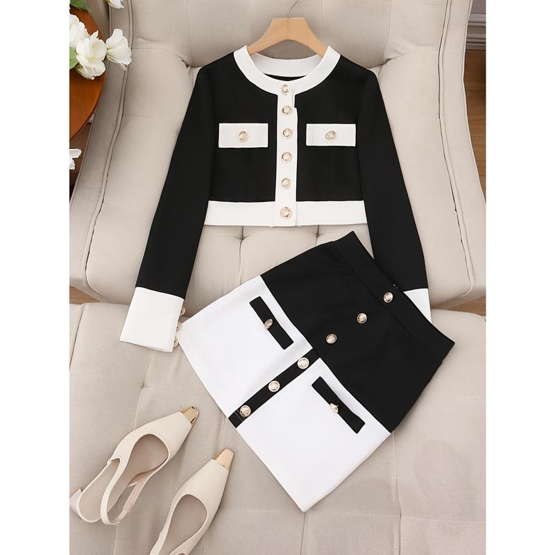 Elegant Black and White Contrast Color Suit Coat with Slim Fit Skirt Suit-Long Sleeves, Button Details, Stretch Fabric, Machine Washable-Perfect Match for Spring and Autumn Season