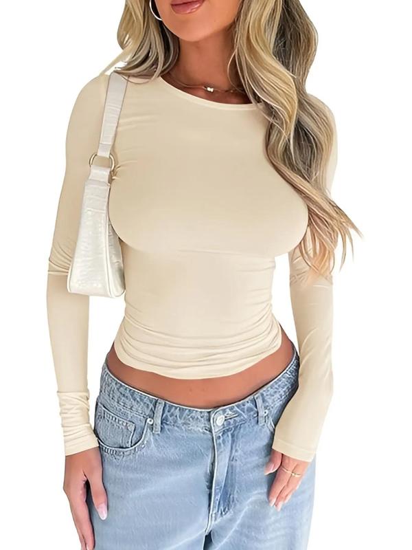 Women's Plain Round Neck Long Sleeve Crop Tee, Casual Solid Crew Neck T-shirt for Spring & Fall, Women's Top for Daily Wear,  90s Clothes