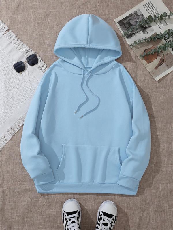 Women's Plain Drawstring Pocket Hoodie, Casual Drop Shoulder Long Sleeve Hooded Sweatshirt, Ladies Fall & Winter Clothes for Daily Wear