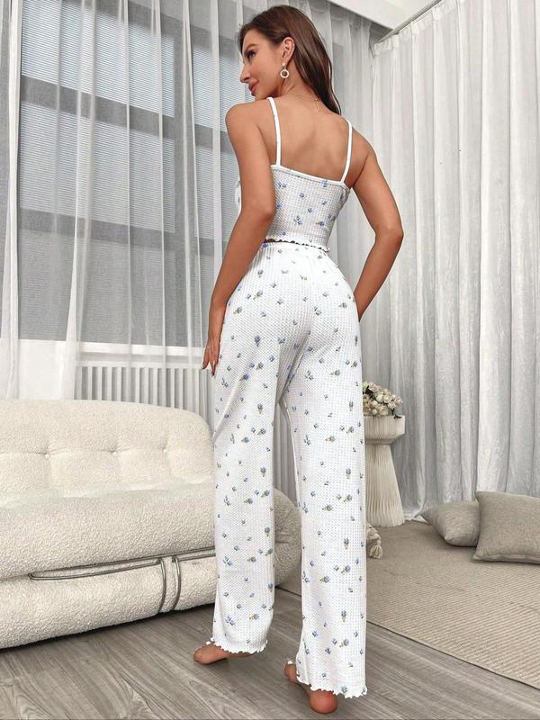 Women's Ditsy Floral Print Lettuce Trim Loungewear Two Piece Set Women, Casual Comfy Backless Crop Cami Top & Elastic Waist Pants Pj Set, Summer Wear 2024, Back To School Summer Sleepwear for Women