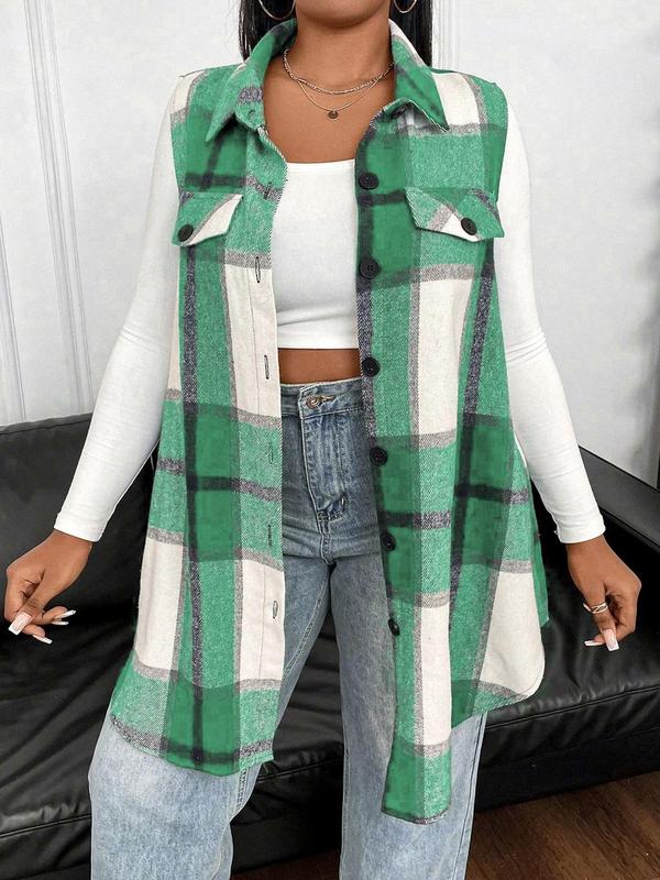  Women's Plaid Print Button Front Vest Coat, Casual Sleeveless Fake Pocket Decor Collared Outerwear for Fall & Winter, Women's Clothes for Daily Wear