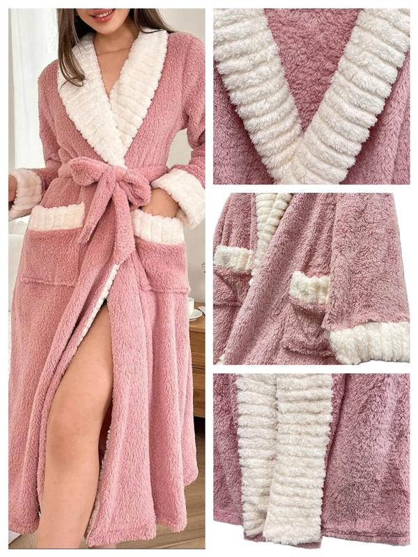 Women's Colorblock Belted Fuzzy Bathrobe, Casual Long Sleeve Shawl Collar Dressing Gown, Ladies Sleepwear for Winter