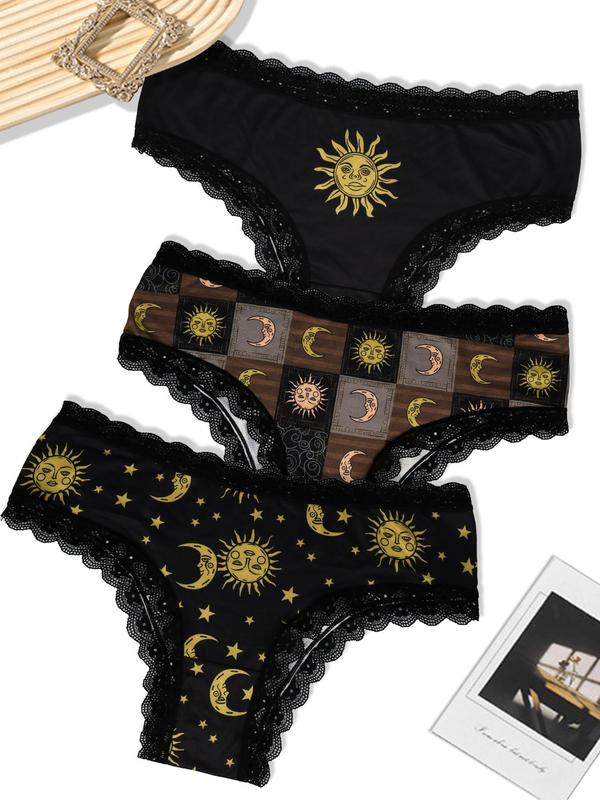 Plus Size Cartoon Sun Print Contrast Lace Panty, Casual Comfy Breathable Knicker for Daily Wear, Underwear for Women, Women's Underwear for All Seasons, Plus Size Fall Wear 2024