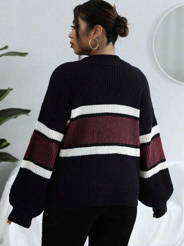 Women's Colorblock Striped Print Half Zip Up Mock Neck Sweater, Casual Loose Drop Shoulder Long Sleeve Jumper, Women's Fall Knitwear for Daily Wear, Back To School Outfit, Sweaters for Women, Fall Outfits for Women