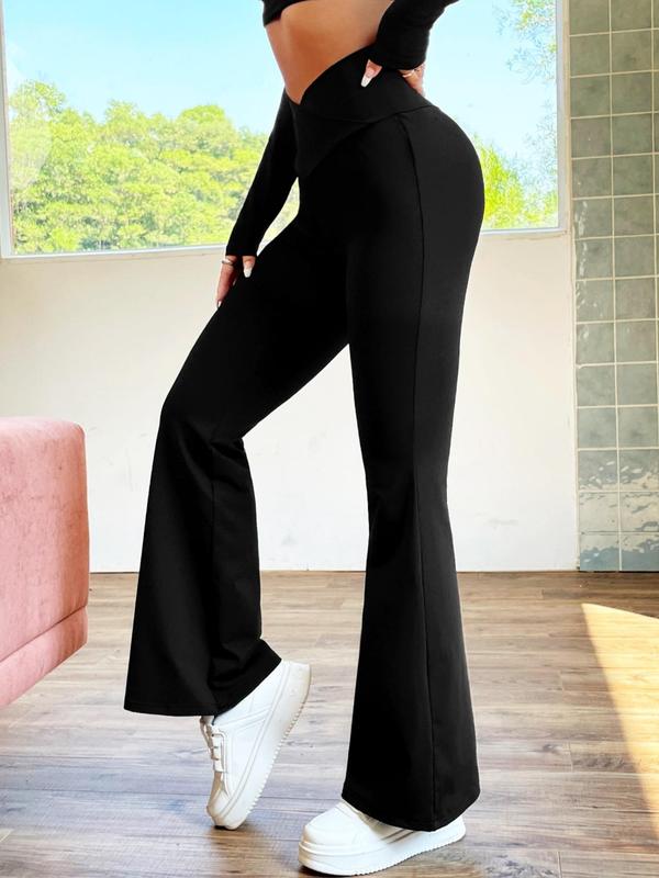 Women's Solid Wrap High Waist Flare Leg Pants, Casual Comfy Bell Bottom Trousers for Daily Wear, Ladies Bottoms for All Seasons