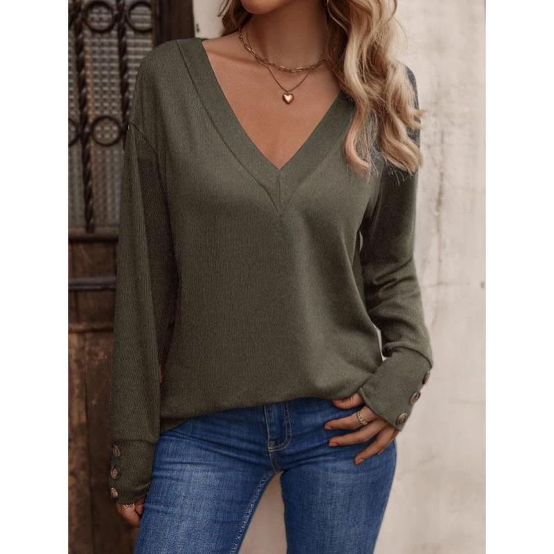 2024 Women's Autumn and Winter New Solid Color and V-neck Loose Long-Sleeved T-shirt Button