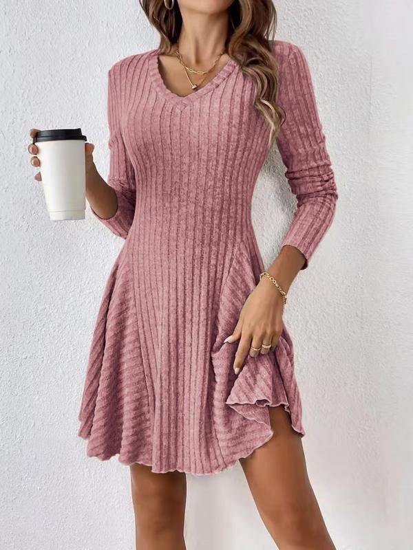 Fall Women's Plain Lettuce Trim V Neck A Line Dress, Casual Long Sleeve Short Dress for Fall & Winter, Modern Fashion Casual Dresses, Ladies Clothes for Daily Wear, Comfort Summer Womenswear