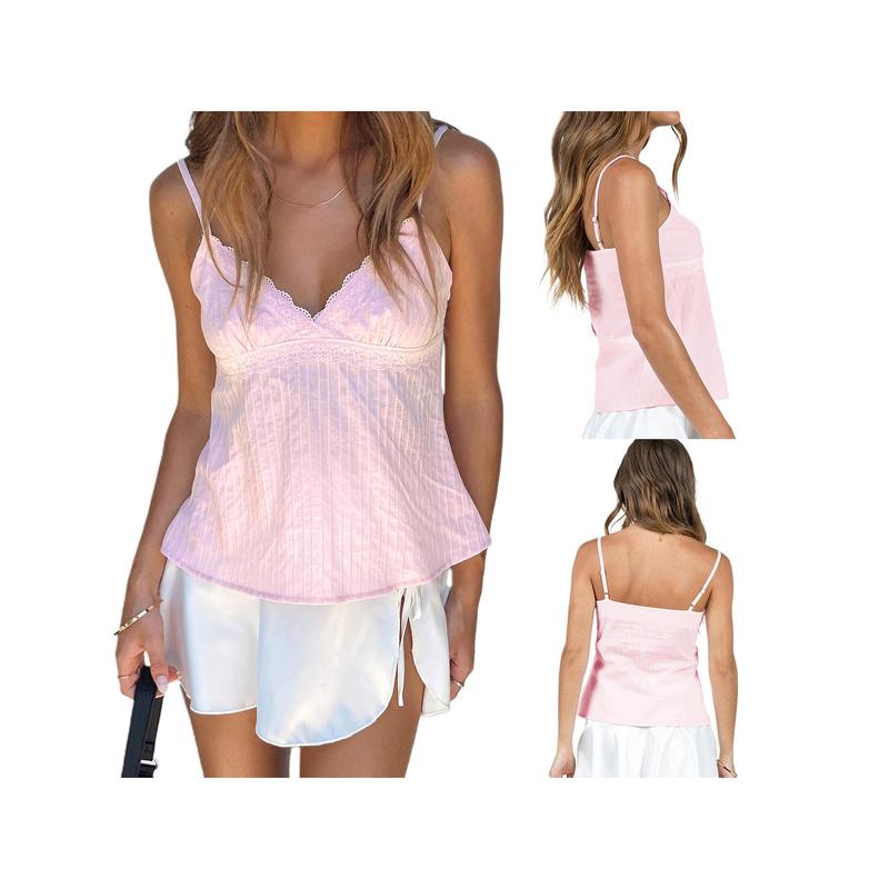 Women Camisole, Spaghetti Straps V-neck Lace Patchwork Summer Tops for Party Club