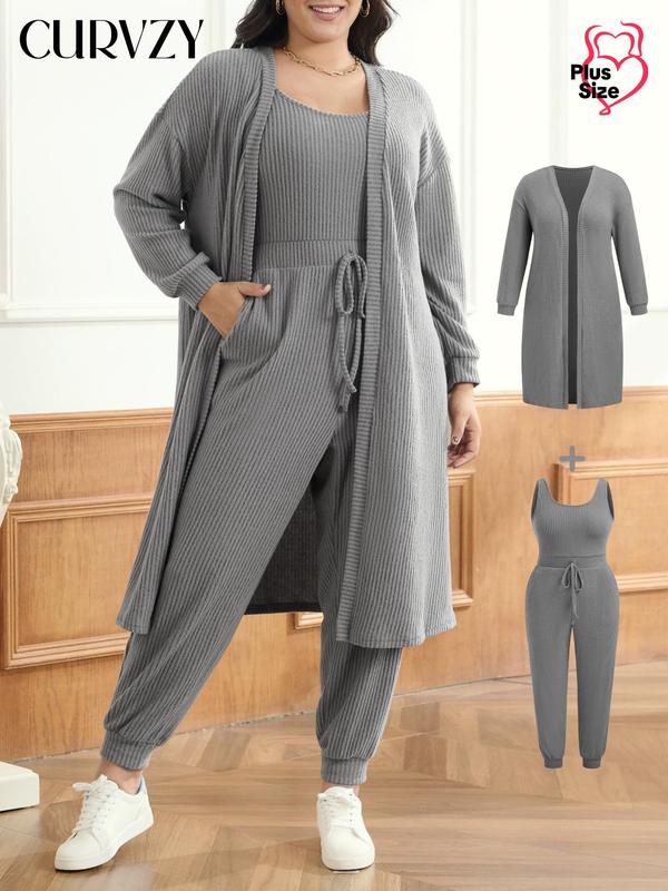 CURVZY Plus Size Two-Piece Set Solid Ribbed Drop Shoulder Outerwear & Drawstring Waist Jumpsuit, Casual Long Sleeve Top & Pocket Sleeveless Jumpsuit Set for Spring & Fall, Women's Clothes for Daily Wear