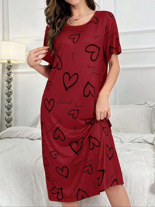 Women's Heart & Letter Print Round Neck Nightdress, Casual Soft Comfortable Short Sleeve Nightgown for Daily Home Wear, Ladies Sleepwear for All Seasons