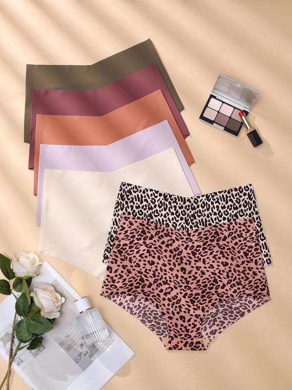 Women's Solid Color & Leopard Print High Waist Panty, Soft Comfy Breathable Seamless Knicker for Daily Wear, Underwear for All Seasons