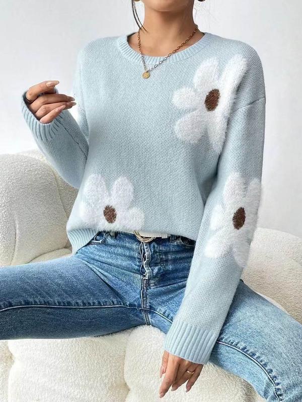 Women's Floral Print Drop Shoulder Long Sleeve Sweater, Casual Fashion Round Neck 90s Vintage Jumper for Spring & Fall, Birthday Outfits 2024, Women's Knitwear Y2k Clothing for Daily Wear